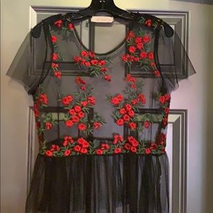 Flower embroidered clear mesh top-